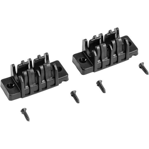 Zwei schwarze Kabelhalter mit Schrauben