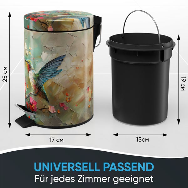 Tretmülleimer mit Kolibri Motiv, 25 Zentimeter Höhe, 17 Zentimeter Durchmesser, inklusive Inneneimer, geeignet für jeden Raum.