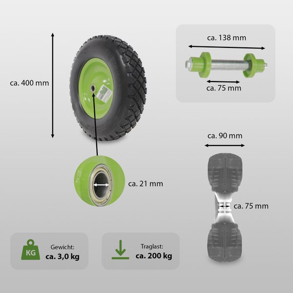 Schubkarrenrad mit Luftbereifung, Durchmesser circa 400 Millimeter, Traglast circa 200 Kilogramm, inklusive Achse und Montagematerial.