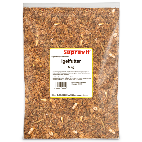 Supravit Igelfutter im 5 Kilogramm Beutel mit sichtbaren Futterbestandteilen wie getrockneten Insekten und Nüssen.