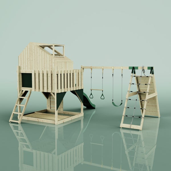 Holzspielplatz mit Spielhaus, Rutsche, Schaukel und Kletterwand
