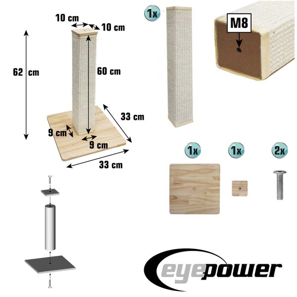 Eyepower Kratzstamm mit Sisal und Holzplatte, Abmessungen 62 Zentimeter Gesamthöhe mit M8 Gewinde.