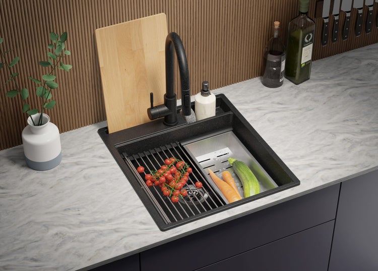 PRIMAGRAN Spülbecken Anthrazit 48x53cm, Granitspüle 1 Becken + Ablauf-Set + Küchenzubehörset, Küchenspüle ab 50er Unterschrank - Oslo Pocket