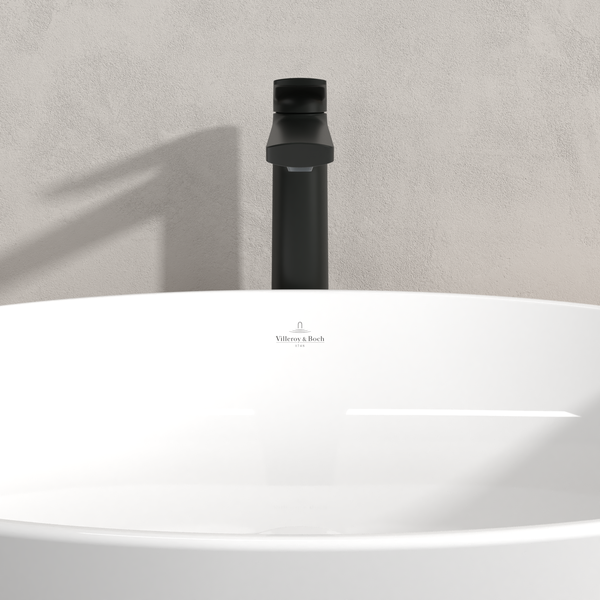 Villeroy & Boch Oasis Waschtischarmatur erhöht, ohne Zugstange, Wasserhahn Bad mit Keramikkartusche, Waschbeckenarmatur wassersparend, Auslauf Höhe 245mm, rund, Matt Black