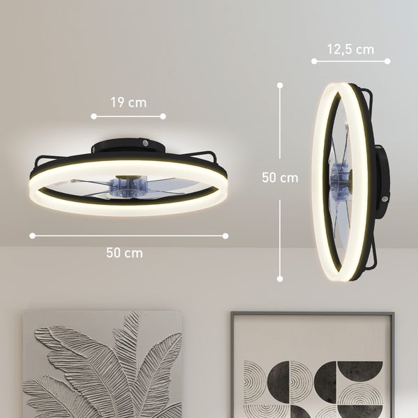 Schwarzer LED-Deckenventilator mit Ringlicht, Durchmesser 50 Zentimeter, Höhe 12,5 Zentimeter und Montagebasis 19 Zentimeter.