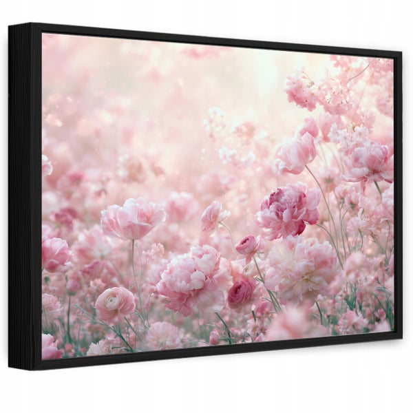 Wandbild mit Motiv von zarten Blumen in einem schwarzen Rahmen für eine dekorative Wandgestaltung