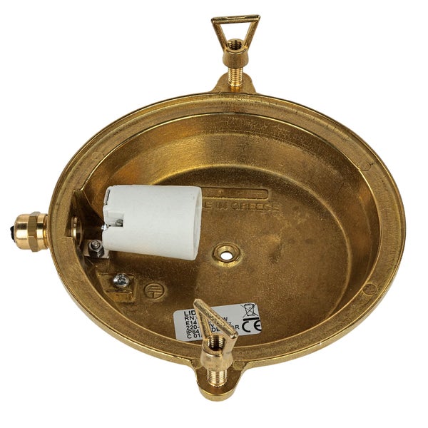 Innenansicht einer runden Messing-Deckenleuchte mit Fassung