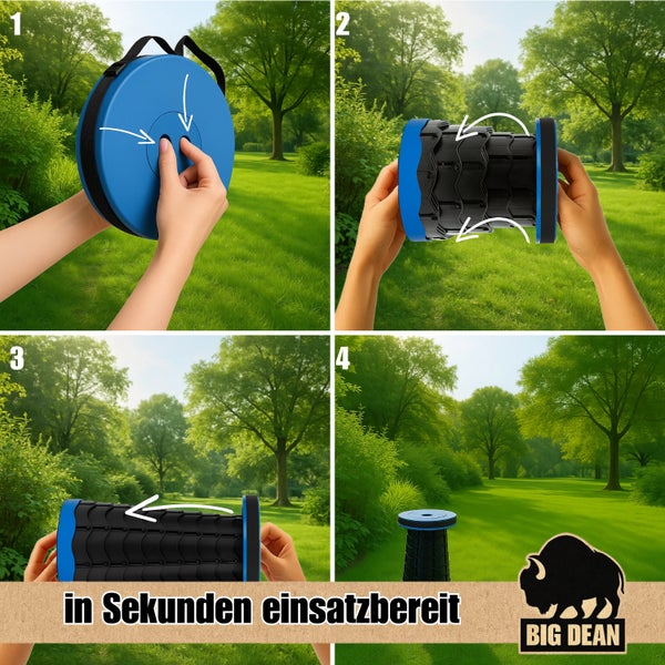 Illustration eines Teleskophockers mit Bedienungsanleitung in vier Schritten. Big Dean Logo.