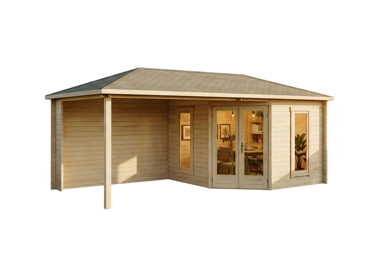 Modernes Holz-Gartenhaus mit Glas-Doppeltür, zwei Fenstern und integriertem seitlichem Vordach.