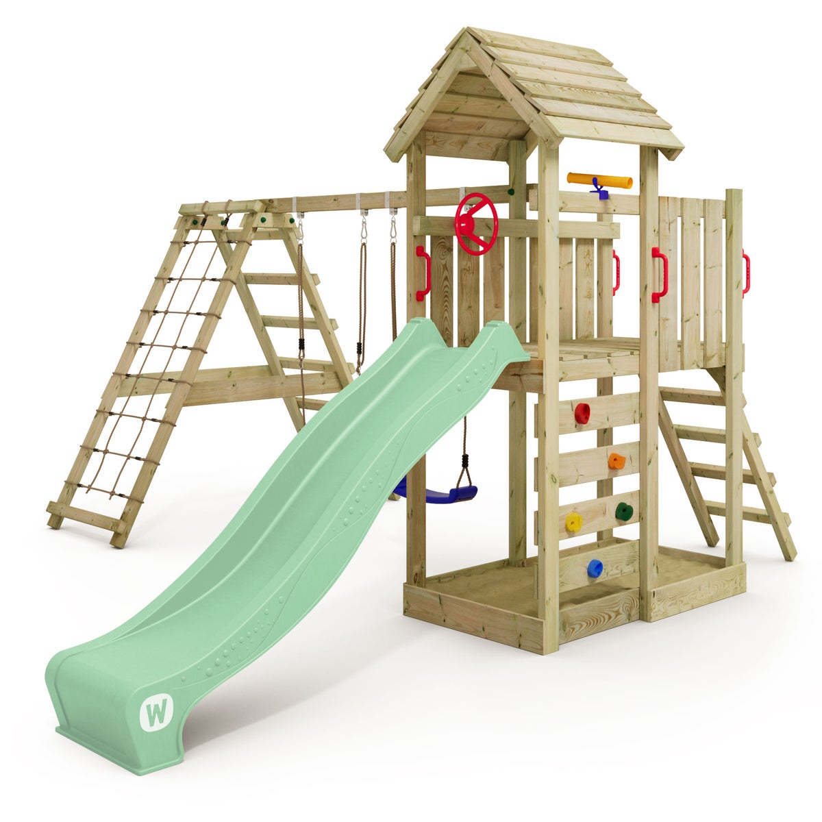 WICKEY Spielturm Klettergerüst RocketFlyer mit Schaukel und Rutsche, Kletterturm mit Sandkasten, Kletteranbau und Spiel-Zubehör – pastellgrün