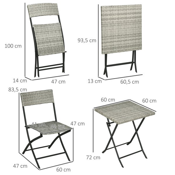 Outsunny 3 tlg. Ratten Balkonmöbel-Set, 60L x 60B x 72H cm, Metall, PE Polyrattan, grau