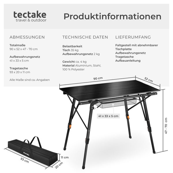 Tectake Logo. Campingtisch circa 90 mal 52 Zentimeter, höhenverstellbar, mit Aufbewahrungsnetz und Tasche. Belastbarkeit 35 Kilogramm. Aluminium.