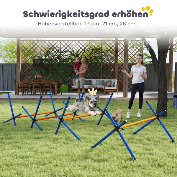 Kleiner Hund springt im hellen Garten über höhenverstellbare blau-orange Agility-Hürden. Menschen beobachten das organisierte Training auf dem Rasen.