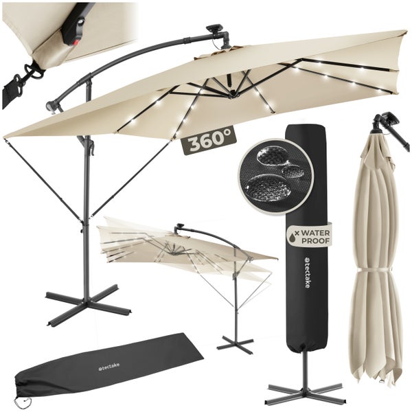 Sonnenschirm tectake Sunna wasserabweisend, inkl. Windsicherung und Schutzhülle 250 x 250 cm mit LED Solar-Beleuchtung beige