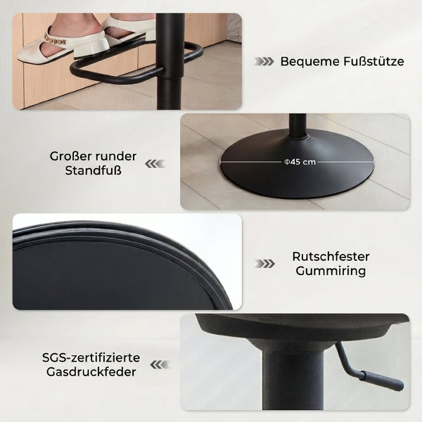 Detailansichten eines Barhockers mit Fußstütze, 45 Zentimeter breitem Standfuß, rutschfestem Gummiring und Gasdruckfeder.