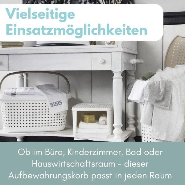 Szene mit vielseitig einsetzbaren Aufbewahrungskörben auf und unter einem weißen Tisch.