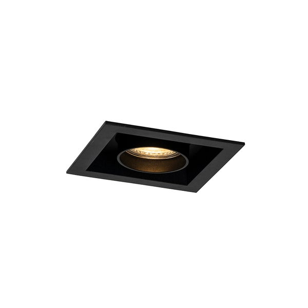 Quadratischer Einbaustrahler in Schwarz mit rundem Leuchtmitteleinsatz und warmweißem Licht.