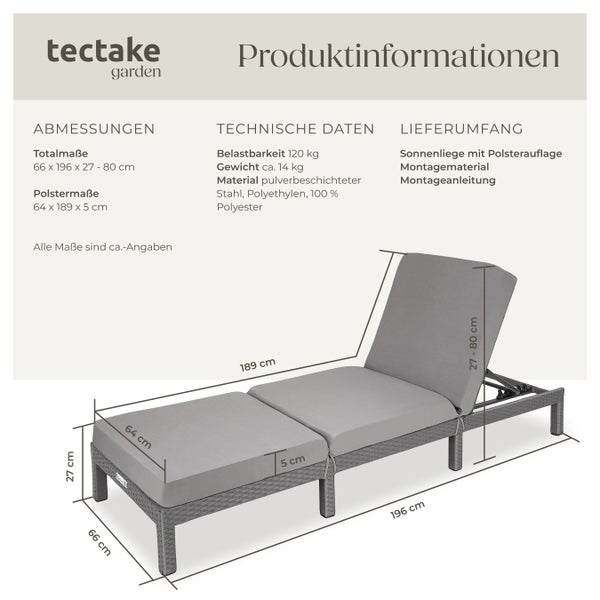 Rattan Sonnenliege tectake Sofia 196 x 66 x 27 cm widerstandsfähig grau