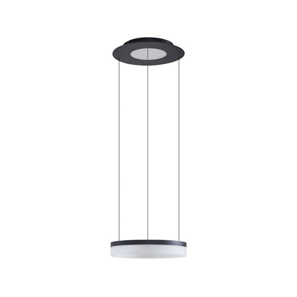 Moderne LED-Pendelleuchte in Ringform, Metall schwarz mit weißem Diffusor, höhenverstellbar mit drei dünnen Seilen.