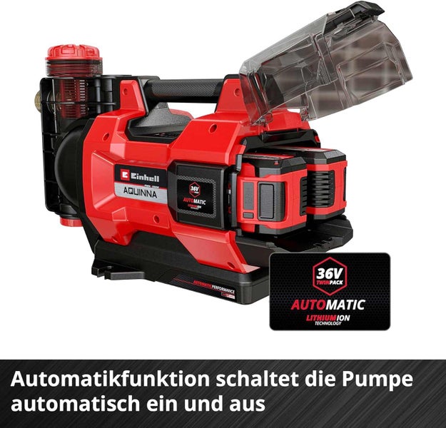 Einhell Akku-Gartenpumpe Aquinna mit Automatikfunktion und geöffnetem Batteriefach für zwei 18-Volt-Akkus.