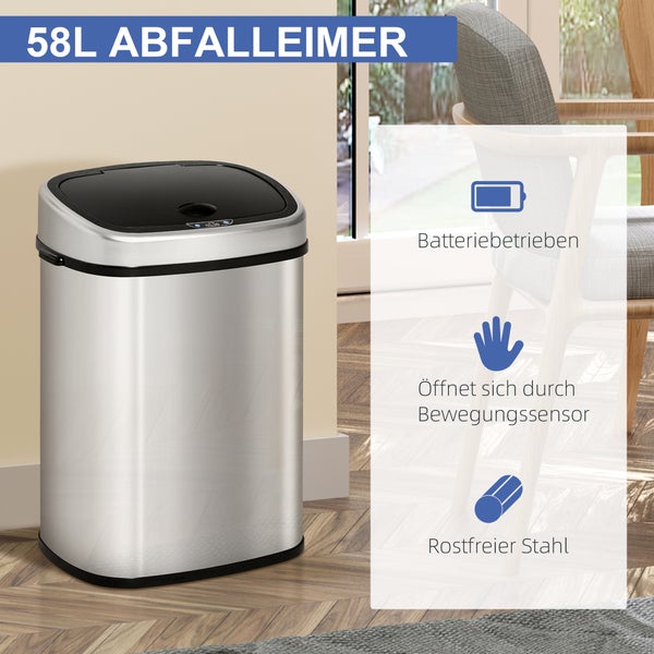 HOMCOM, Automatik Mülleimer, Abfalleimer, L40,9 x B28,9 x H68 cm, Edelstahl, ABS, Silber