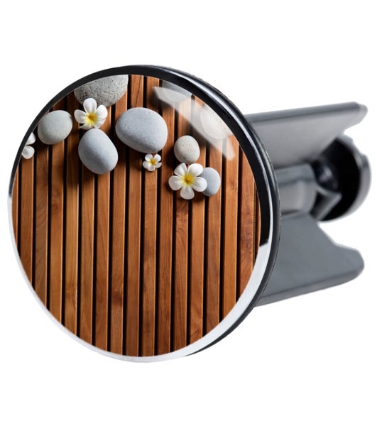 Waschbeckenstöpsel mit Holzdesign, Steinen und Blüten