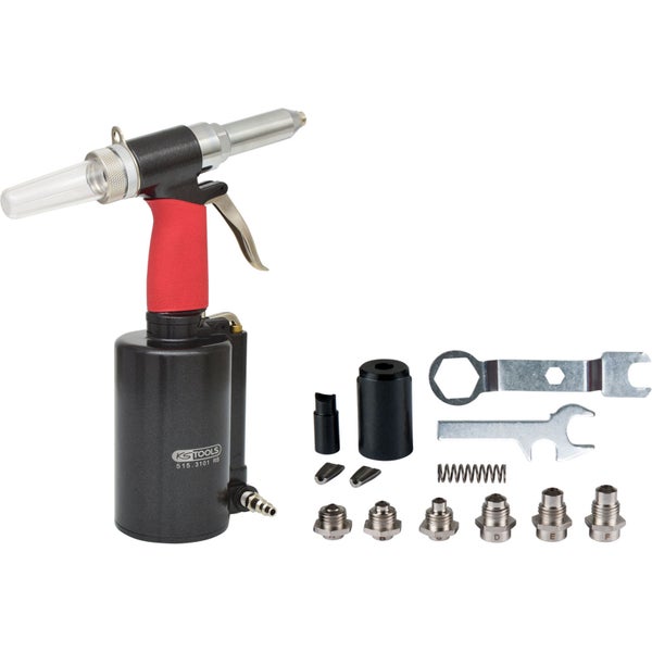 KS TOOLS Druckluft Nietpistole Set mit Zubehör inklusive verschiedener Mundstücke und Montagewerkzeuge