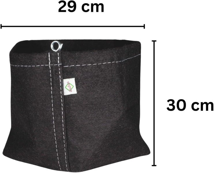 Schwarzer Pflanzsack aus Textil mit weißen Nähten, einer Breite von 29 Zentimeter und einer Höhe von 30 Zentimeter.