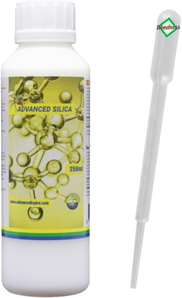 Advanced Silica Pflanzenzusatz in einer 250 Milliliter Flasche mit einer Kunststoffpipette mit Weedness Logo.