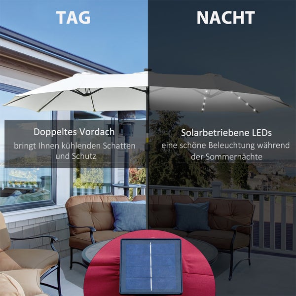 Outsunny Sonnenschirm mit LED Solar, Doppelsonnenschirm, 4,5m, Polyester-Gewebe, Metall, Schwarz+Cremeweiß