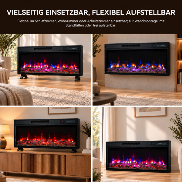 Elektrischer Kamin mit Flammeneffekt für Wandmontage oder als Standgerät, vielseitig einsetzbar in verschiedenen Wohnräumen.