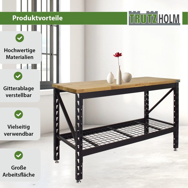 Trutzholm Werkbank mit Massivholzplatte, Metallgestell und verstellbarer Gitterablage. Trutzholm Logo.
