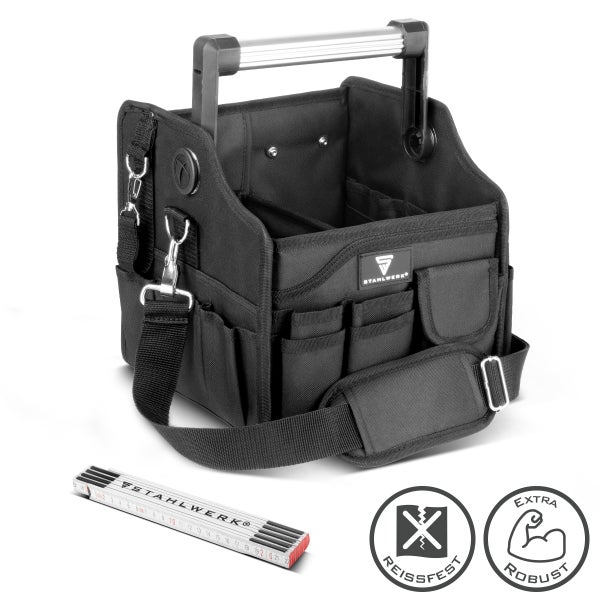 Offene Werkzeugtasche aus Textil mit Stahlwerk Logo, Tragegriff, Schultergurt, Außenfächern und Zollstock. Merkmale: reißfest und extra robust.