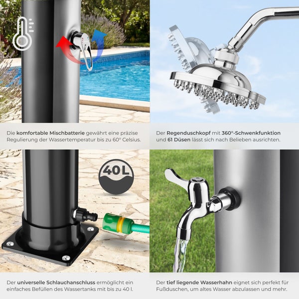 Solar-Gartendusche im Detail: Einhebelmischer, schwenkbarer Duschkopf, 40 Liter Tank mit Schlauchanschluss und integrierter Fußdusche.