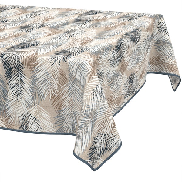 Tischdecke mit Palmenblatt-Muster und eingefasstem Rand.