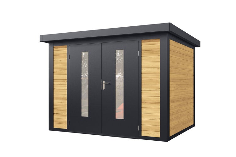 Modernes Gartenhaus mit Flachdach und Doppeltür mit Glaseinsätzen aus Holz und Metall in Kombination.