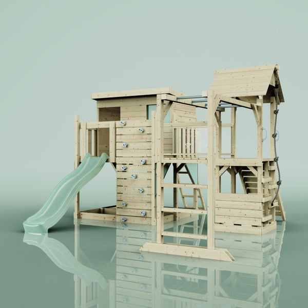 Spielturm aus Holz mit Rutsche, Kletterwand, Leiter und Schaukelgerüst