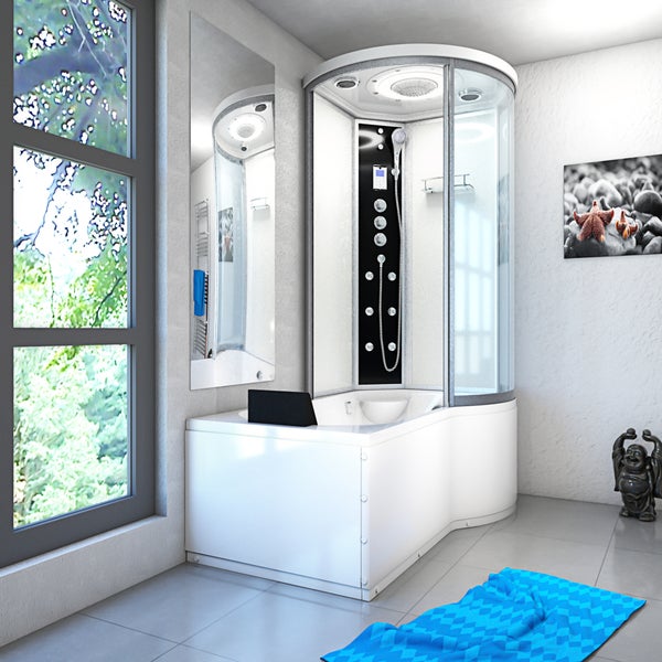 Duschbadewanne mit Glas-Duschkabine, Duschpaneel mit Massagedüsen, Handbrause und weißer Badewanne mit Kopfstütze in hellem Badezimmer.