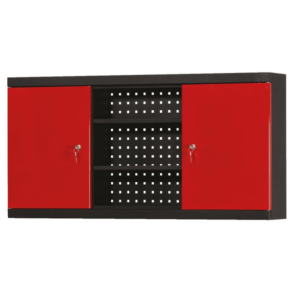 Wandhängender Werkstattschrank aus Metall in Schwarz und Rot mit zwei abschließbaren Türen und einem offenen Regalfach mit Lochwand.