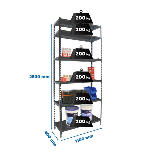 Schwerlastregal GIANT METAL SHARK | HxBxT 250x110x40cm | Fachlast 200kg | Anthrazit-Anthrazit