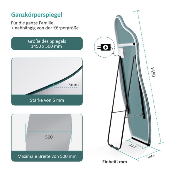 EMKE Standspiegel, 3000/4000/6500K – Wandmontierbar & Freistehend, rahmenlos, Touch-Schalter, 145x50 cm