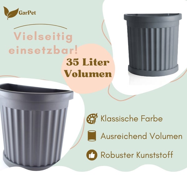 Grauer Pflanztopf aus Kunststoff mit 35 Liter Volumen für den Innen- und Außenbereich