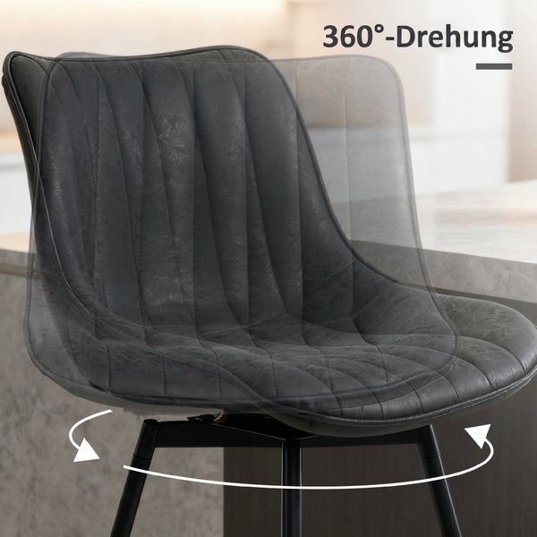 Gepolsterter Barhocker mit 360 Grad Drehung, gesteppter Sitzfläche und Rückenlehne sowie Metallbeinen.
