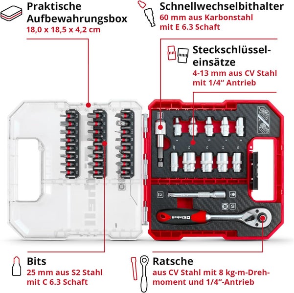 Einhell L-CASE 37-tlg. Bit- und Ratschen-Set (25-mm-Bits, Ratsche, Schnellwechselbithalter, Steckschlüssel, Adapter, Stecknussverlängerung inkl. Aufbewahrungsbox)