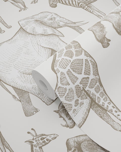 Tapetenrolle mit Tiermuster, inklusive Elefant, Zebra, Giraffe und Warzenschwein