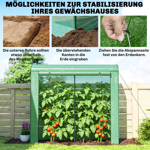Infografik zur Stabilisierung eines Foliengewächshauses durch Eingraben der Kanten und Rohre sowie Nutzung von Abspannseilen und Erdankern.