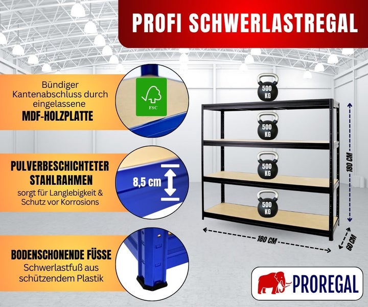 Proregal Schwerlastregal, vier Böden, Stahlrahmen. 180 mal 180 mal 60 Zentimeter. Tragkraft 500 Kilogramm pro Boden. Zertifiziertes Holz. Proregal Logo.