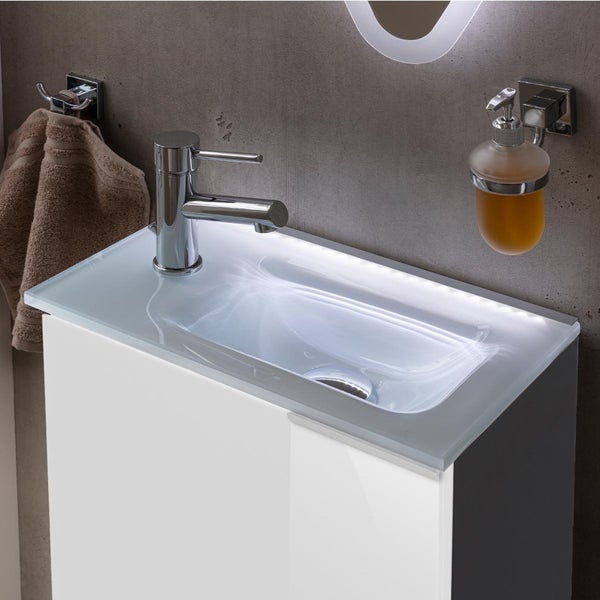 Badezimmerwaschtisch mit Glasplatte, Armatur, Seifenspender und Handtuchhalter