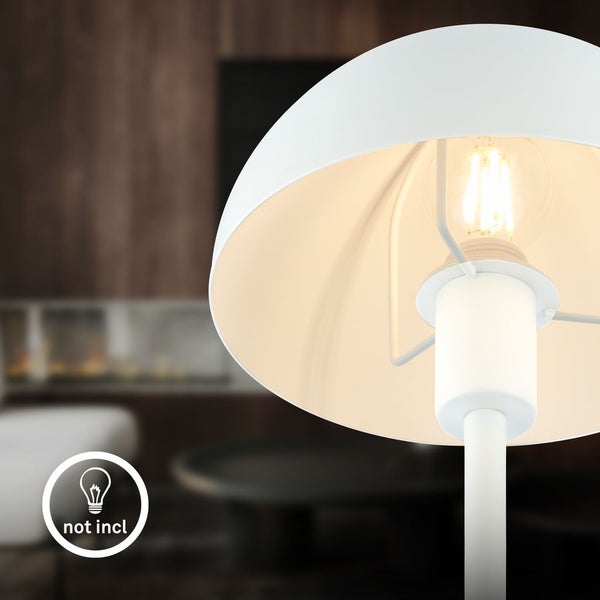 Nahaufnahme einer Lampe mit halbrunder Schirmform und sichtbarem Leuchtmittel, Hinweis dass das Leuchtmittel nicht enthalten ist.