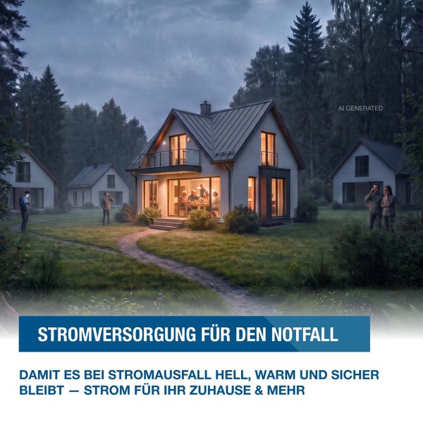 Ein Wohnhaus bei Dämmerung mit beleuchtetem Innenraum als Symbol für Notstromversorgung während eines Stromausfalls.